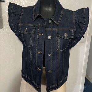 CINQ À SEPT Adley Flutter Sleeve Denim Shirt In Indigo